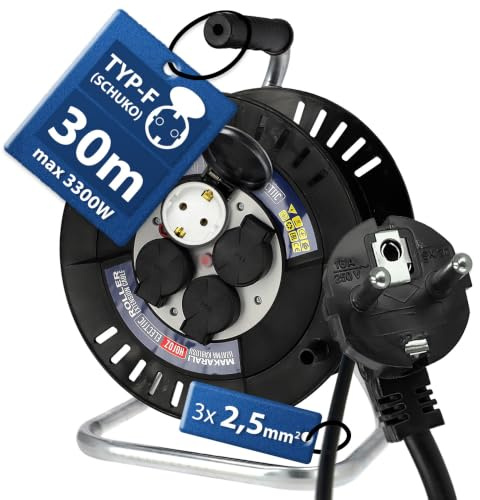 Avvolgicavo 30 metri IP44 - Prolunga Elettrica Avvolgicavo 230V 3300W Prolunga da Cantiere - Tamburo Cavo con 4 Prese Schuko 3×2,5 mm² - Avvolgicavo da Esterno per Giardino, Garage - Horoz Electric