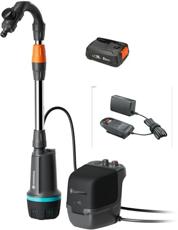 Gardena Pompa Per Cisterna A Batteria 2600 Comfort 18V P4A Set Pronto All’Uso: Programmazione dell'irrigazione, Timer funzione, Si adatta al serbatoio dell'acqua, Pressione costante (14604-20)