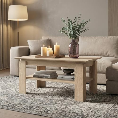 Komodee Couchtisch SOLA X2 Eiche Sonoma 90x43x55 cm | Tisch, Couchtisch Sola - Eiche Sonoma - Zusätzlicher Regalboden - Breite 90 cm, Höhe 43 cm, Tiefe 55 cm