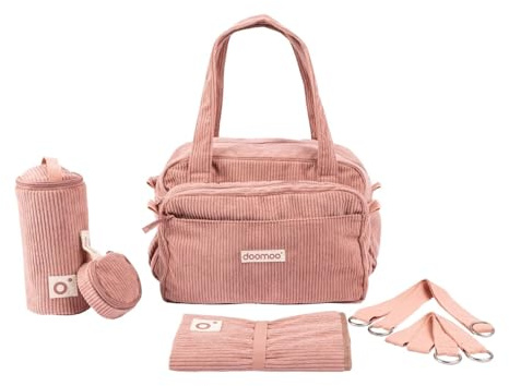 doomoo Wickeltasche Fluffy - 24l Kapazität, Abnehmbare Tasche, inkl. 8 Baby-Zubehörteile darunter Wickelunterlage, Kinderwagenbefestigungen & Isoliertasche, Windeltasche für unterwegs, Corduroy Pink