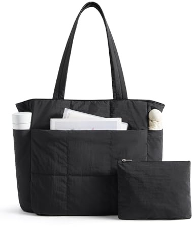 LIGHT FLIGHT Puffer Handtasche Damen Groß Shopper Tasche Arbeitstasche | 23.6L Leicht Tote Bag mit Kleine Kosmetiktasche, 15,6 Zoll Laptoptasche Lehrertasche Schultasche für Uni Schule Büro Reise