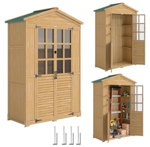 Outsunny Abri de Jardin avec Étagères 128 x 57,5 x 197 cm Marron Clair | Armoire de Jardin pour Outils, Fenêtres en Acrylique, Armoire Extérieure, Toit en Asphalte Imperméable