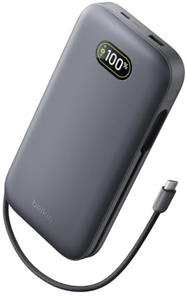 Belkin UltraCharge Pro Power Bank 27000mAh, Caricatore Portatile con Cavo USB C Integrato, USB PD 240W, Power Bank Portatile con Carica Rapida per MacBook Pro, iPhone, iPad Pro, Galaxy, Pixel, Carbone