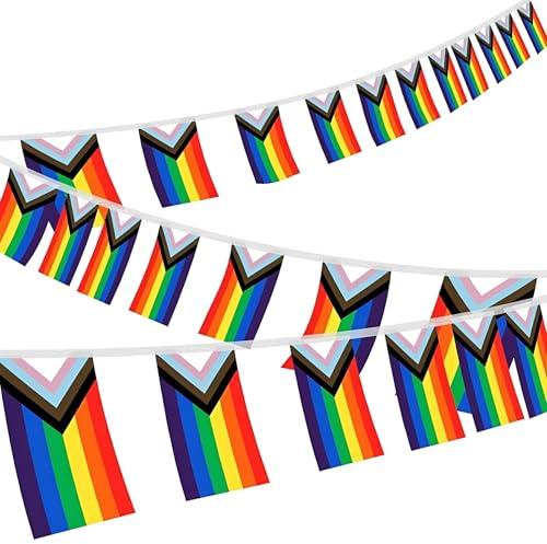 BCHMN Bandera Arcoíris 10 Metros con 30 Banderines, Guirnalda de Orgullo Gay LGBT para Decoración de Fiestas, Desfiles y Exterior, Colores Vivos y Resistentes, 14x21cm cada Banderín