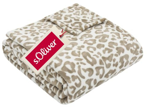 s.Oliver Decke Kuschelsoft 150x200 cm beige - Kuscheldecke Leomuster | flauschige, warme Sofadecke natur mit Leopardenmuster, Wohndecke Oeko-TEX zertifiziert Leo Muster