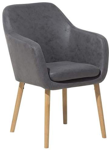 Beliani Dining Chair Upholstered Faux Leather Dining Chair Grey with Wood Legs 56x46x81 cm with Armrests YORKVILLE