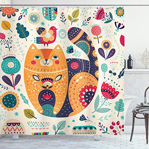 ABAKUHAUS Katze Duschvorhang, Katze und Blumen-Blatt, Stoffliches Gewebe Badezimmerdekorationsset mit Haken, 175 x 200 cm, Chiara Marine Foam