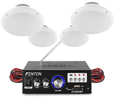 eAudio Bluetooth Ceiling Speaker System with Amplifier FM Radio and MP3 USB for Home Hi-Fi Cafe Restaurant Shop Installation (Four Speakers)