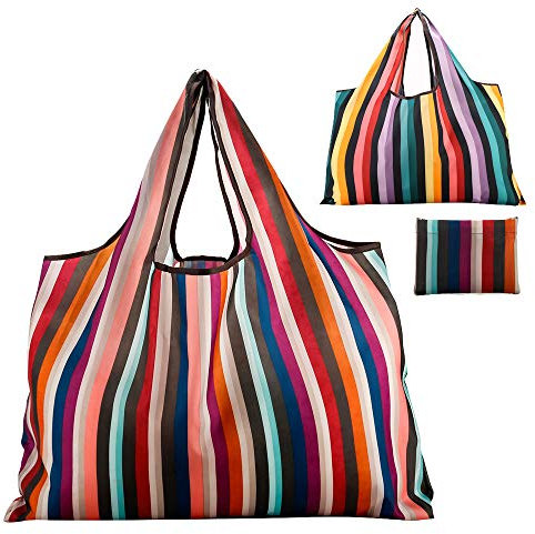 JISEN Reusable Grocery Bags 2 Packs Large Nylon Washable Foldable Eco Friendly Heavy Duty Shopping Tote Bag Fits in Pocket New Rainbow