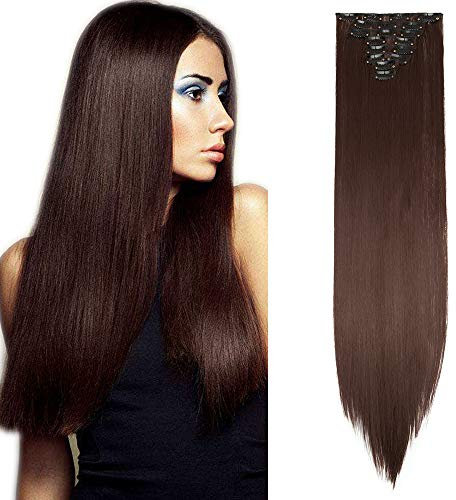 SEGO Clip in Extensions Haarverlängerung Haarteil 8 Tresssen wie Echthaar glatt Mittel braun-1 58 cm