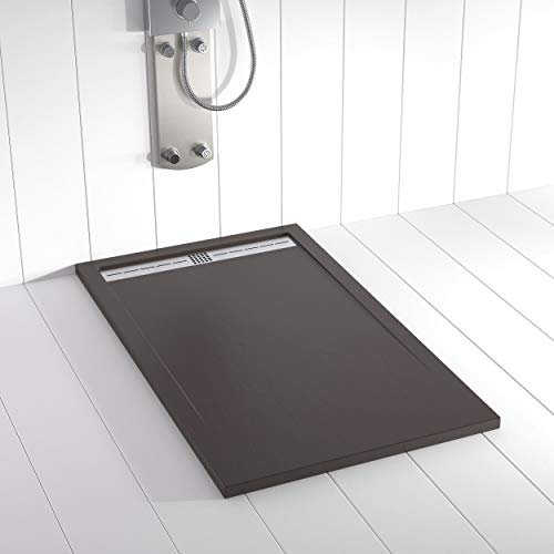 Shower Online Plato de ducha Resina FLOW - 80x170 - Textura Pizarra - Antideslizante - Todas las medidas disponibles - Incluye Rejilla Inox y Sifón - Chocolate RAL 8017