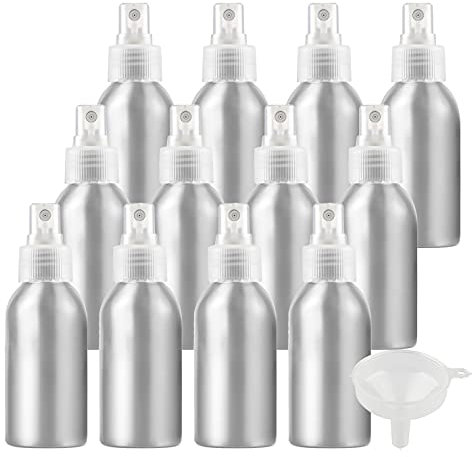 ZEOABSY 24 Pezzi 100 ml Bottiglie Spray Argento Vuote in Alluminio con Pompa Trasparente Fine Nebbia Flacone Spray per Cosmetica Acqua Profumo da Viaggio Riempibile, Imbuto