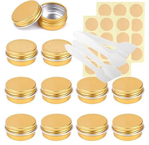 LusDoly Pack of 100 Empty 10ml Gold Aluminium Tins with Lids - Ø35x17mm Round Aluminum Screw Pots Travel Round Cosmetic Cream Container Jars for Candle Lip Balm, Salve with Spatulas & Labels