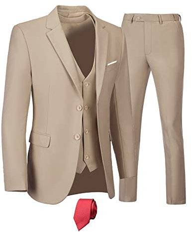 Men Suits 3 Piece Tan Suit Set for Men, Slim Fit Two Button Business Wedding Prom Tuxedo Suit Blazer Vest Pants with Tie-L