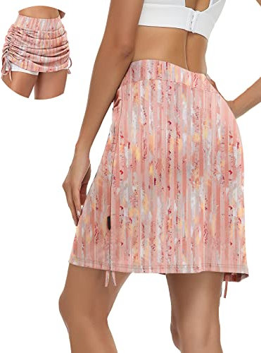 Soneven Hosenrock Damen Knielang Sportrock Damen mit Hose Drunter Tennisrock Damen Sommer Skort Damen Golfrock Kurz zum Wander Tennis Golf Laufen Rosa Druck XL