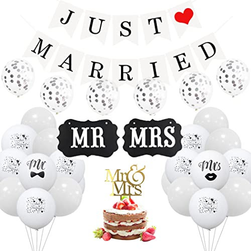 Borsgye 33 Stück Just Married Wimpelkette MR & MRS Buchstaben Kraft Paper Hochzeit Deko Bedruckte Luftballons Glitzer Latexballons Gold Kuchendeckel für Hochzeit Fest Tischdeko Brautpaar