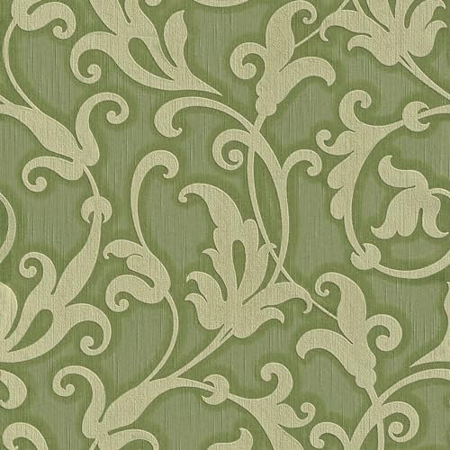 Profhome Baroque Wallpaper 954904-GU Textile Wallpaper Green Gold Olive Green 0.53 m x 10.05 m / 5.33 sqm