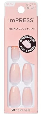 KISS imPRESS No Glue Mani Press On Nails, 'Serendipity', Pink, Medium Size, Coffin Shape, Includes 30 Nails, Prep Pad, Instructions Sheet, 1 Manicure Stick, 1 Mini File