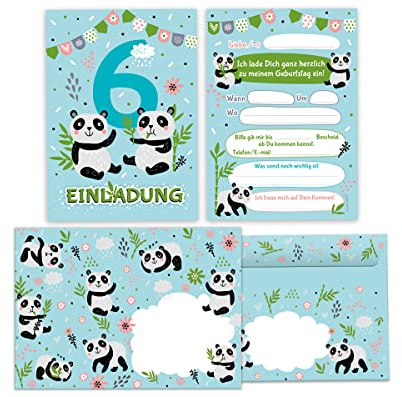 12 Einladungskarten incl. 12 Umschläge zum 6. Kindergeburtstag sechste Geburtstag Mädchen Jungen Panda