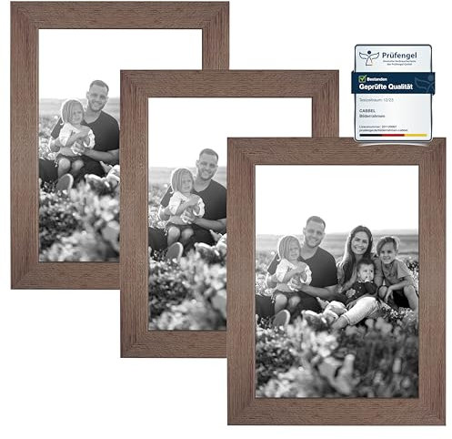 CABBEL 3er Set Bilderrahmen DIN A5 15x21 cm MDF Holz-Rahmen mit bruchsicherem Acrylglas in Eiche Dunkel