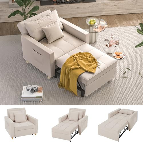 YODOLLA 3-in-1 Convertible Sleeper Chair Bed, 192cm Adjustable Single Sofa Armchair with Side Pocket, Pull Out Sleep Chair,Cream Beige