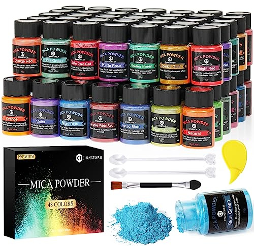 CHANGTIKEJI Mica Powder，48 Colors - 10g/Bottle of Natural Pigment Powder for Epoxy Resin，Soap Making，Candle Making,Lip Gloss,Car Freshies,Dye,Nail Polish,Bath Bombs