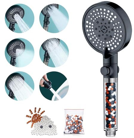 GEFIRE Pommeau Douche Anti Calcaire, Noir Pommeau de Douche Economie deau Pommeau de Douche Haute Pression with PP Filter Cotton Anti Calcaire Douche Free 2 Packs Boules MinéRales