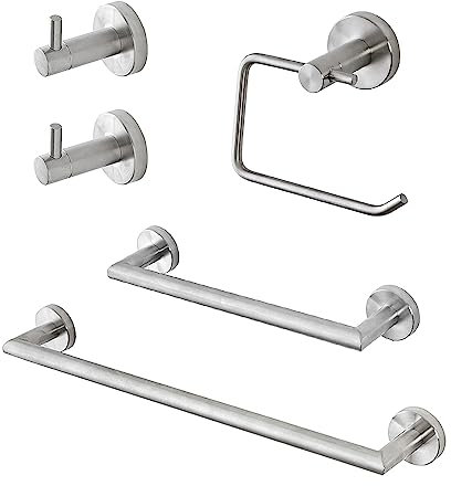 Set Accessori da Bagno 5 Pezzi in Acciaio Inox Satinato con Fissaggio a Muro compreso di Viti