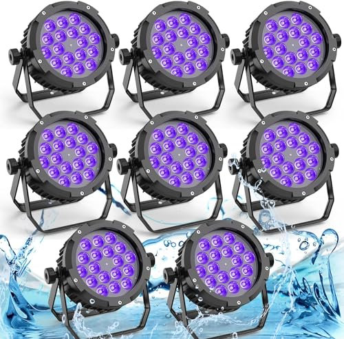 PUZILOZA 8PCS Wasserdichtes LED Par RGBWA+UV 6IN1 LED, 18 LED Par Scheinwerfer mit DMX 6/10CH Stroboskop Disco Lichteffekte, Bühnenlicht Strahler für Bar, Kirchen, Club, Konzert, Party im Freien