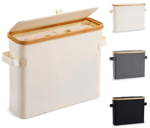 Toilet Roll Holder Storage Stand, Toilet Roll Storage Basket with Lid, Bamboo Toilet Paper Storage Holder Organiser Free Standing for Bathroom Cabinet, Bathroom Unit Organizer Box, Beige