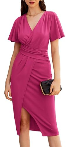 GRACE KARIN Femme Robe de Soirée Élégante Robe Moulante à Manches Courtes à Taille Marquée avec Fente au Bas S Rose
