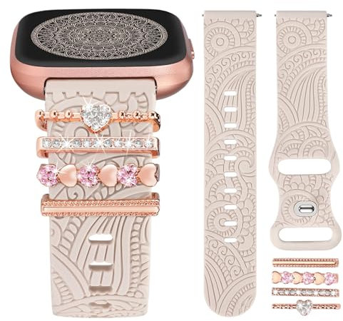 TOYOUTHS Floral Gravierte Armband mit Dekorative Charme kompatibel mit Fitbit Versa 2/Fitbit Versa/Versa Lite Armband Damen Boho Sport Silikon Armbänder mit Dressy Versa 2 Ring Loop, Polarstern/Love