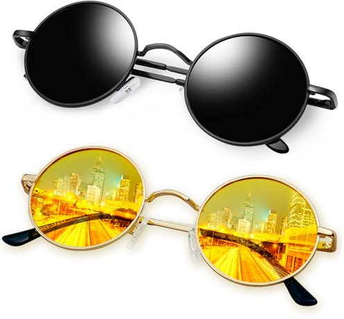 KANASTAL 2er Set Runde Sonnenbrille Herren Damen Retro Polarisierte Sonnenbrille Rund mit Metallrahmen Vintage Hippie Rave Brille UV400 Schutz, Nachtfahrbrille und Schwarze