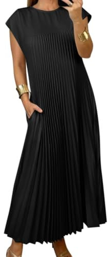 Onsoyours Damen Elegant Ärmellos Rundhals Plisseekleid Festlich Hochzeit Lang Abendkleid A-Linie Freizeitkleid Maxi Kleid Herbst Winter Kleid mit Taschen A Schwarz L