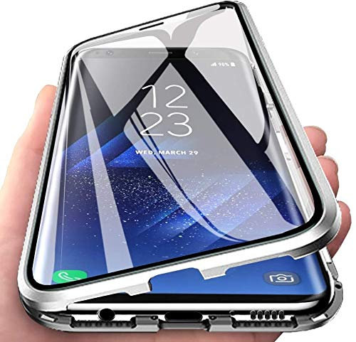 Colala Hülle für Samsung Galaxy A55 5G Magnetische Adsorption Handyhülle Hartglas mit Vorderseite und Rückseite, Metallrahmen Case mit Eingebaut Magnet, Ultra Dünn 360 Grad Schutzhülle - Silber