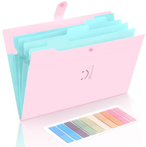 Dokumentenmappe A4 Mit 200-Etiketten, 5-Fächer Mappe Mit Druckknopf Für Zuhause, Büro, Schule Und Auf Reisen (Rosa)
