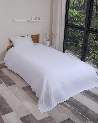nottoc Tagesdecke Weiß 180x200cm Einzelbettdecke - Premium Waffelpique 100% Baumwolle - Leichte Sommerdecke in Waffeloptik - Baumwolldecke als Bettüberwurf, Sofaüberwurf, Couch überwurf - Sofadecke