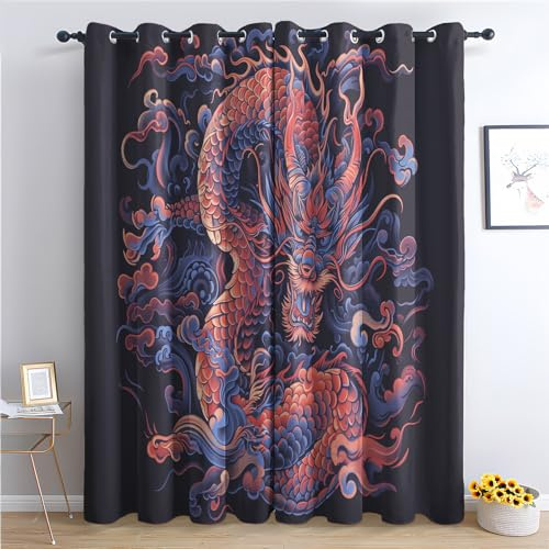 Rideau Occultant Dragon Chinois - Rideau Thermique Motif Chinois Noir, Rideaux Chambre Salon Fenetre, Lot de 2 Rideaux et Draperies Intérieurs à Oeillets, 75x166 cm (LxH) X&-112