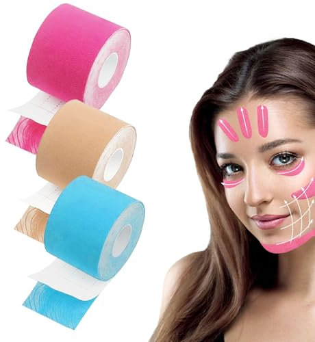 HANIUTTY 3 Rouleaux Face Tape Face Lifting Tape Pour Le Visage, Patch Anti Rides Visage, Autocollant Lifting Visage Amélioration du Double Menton (Beige, Couleur De Peau, Bleu 2,5cm X 5m)