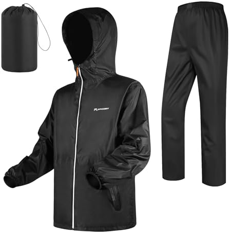 LAMA Rain Suit for Men Women, Waterproof Rain Jacket and Rain Trousers Suit Set, Heavyweight Rainwear with Hood and Storage Pouch, Wind-resistant, Lightweight, Breathable Rain Coat Black L