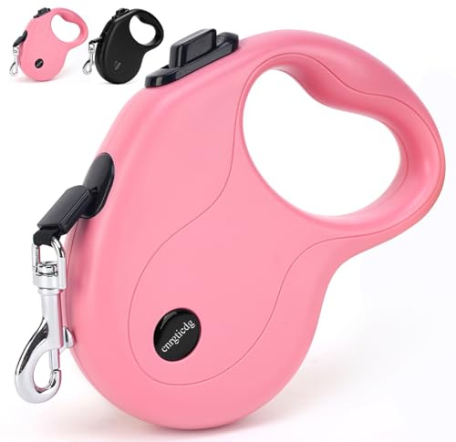 enrgticdg 16Ft Retractable Dog Leash,Light Weight Leash for Small to Medium Dogs/Cats Up to 50lbs,Stainless Steel Spring Strong Nylon Tape, Tangle Free, One-Handed Brake.(Pink-Black)
