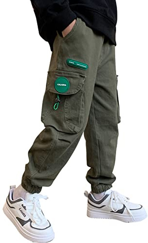 Pantalon Cargo pour Garçon,Style décontracté, Taille élastique, Enfant Jogging Uniforme Scolaire Pantalon de Sport(11233Vert,8ans)
