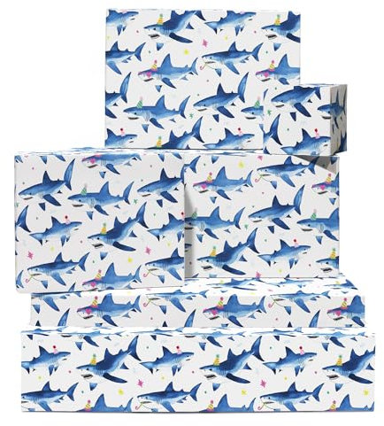 Hai-Geschenkpapier – 6 Blatt Geburtstagsgeschenkpapier – Hai-Party – Ozean – weißes Geschenkpapier für Mädchen, Kinder, Frauen – mit Aufklebern – recycelbar – von Central 23
