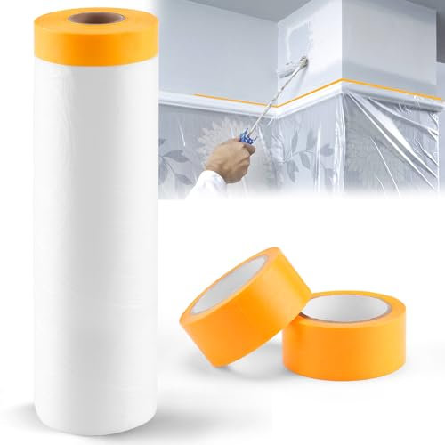 HONGTAISHENG Abdeckfolie mit Klebeband, 180cm x 25m Malerfolie Malerband, 2 Rollen 2.4cm x 10m Abklebeband Maler, Goldband Klebeband Zum Schutz von Autos Wänden Staub und Spritzschutz