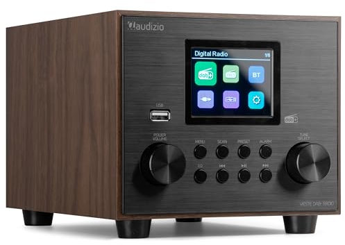 Audizio Vieste - Radio Dab+/FM con Bluetooth, subwoofer Integrado, Despertador Dual, USB, Temporizador, 20 presintonías, Altavoz estéreo, Acabado Madera y Negro