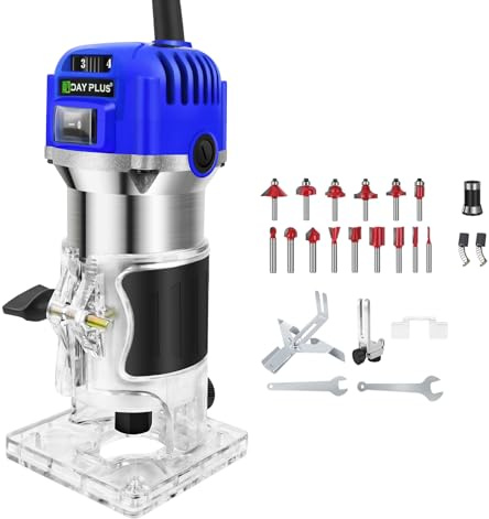 Recortadora de Madera Manual Eléctrica Cortabordes de Mano Compacto, 4000-27000RPM 6 Velocidades Variables Herramienta, Cortabordes Manual Eléctrico con 15 PCS 1/4'' Router Bits, Ideal para Bricolaje