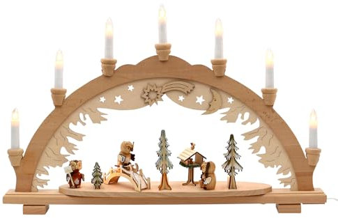 Dekohelden24 3D Holz Schwibbogen, Lichterbogen, Schwippbogen, Leuchterbogen, Fenster Schwibbogen mit 3 Eulenfiguren und Winterwald, 230V mit Kabel, 10-flammig, L/B/H ca. 57 x 9 x 38 cm.