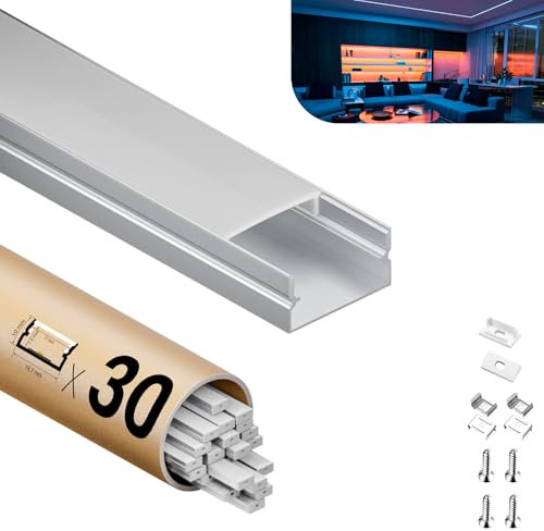 KOSOOM LED Aluminium Profil 2 m x 30 Stück, LED Trockenbauprofil Größe 17,4 mm x 7 mm, Unterputzprofil für Led-Streifen mit Einer Breite von weniger als 12,4 mm, mit Montagezubehör