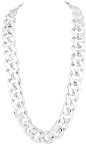 SOFPLATE Hip Hop Kette Silber Halskette Herren Kunststoff 90cm Kubanischen 90er 80er Gliedern Künstlich Klobige Dick Groß Jahre Punk Stil Panzerkette Rapper Kostüm Umschlaghalsk