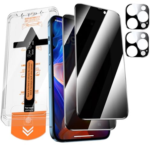 QUESPLE Protector de pantalla de cristal templado para iPhone 12 Pro Max con protección de cámara, [instalación automática] Protector de pantalla completa antiespague, dureza 9H, 2 + 2 unidades